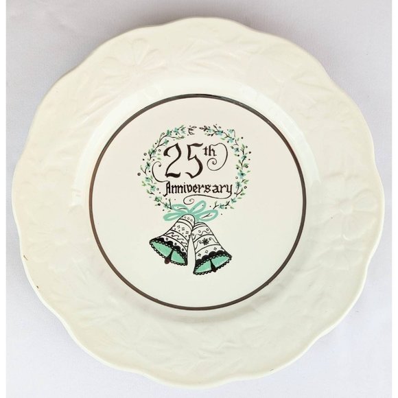 Collectible 25th Wedding Anniversary Plate 10" White Teal Silver Trim Floral - Picture 4 of 7